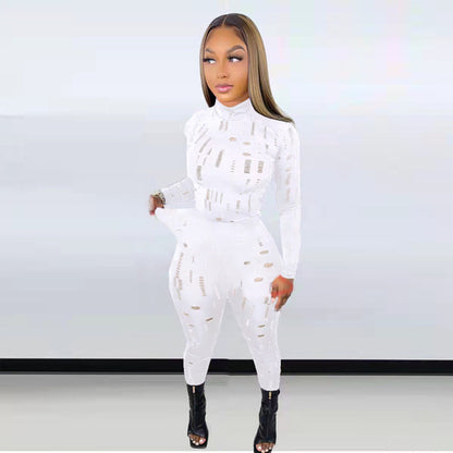 Irregular Hole Fall Trend Skinny Women Tracksuit Sexy Hollow Out Top