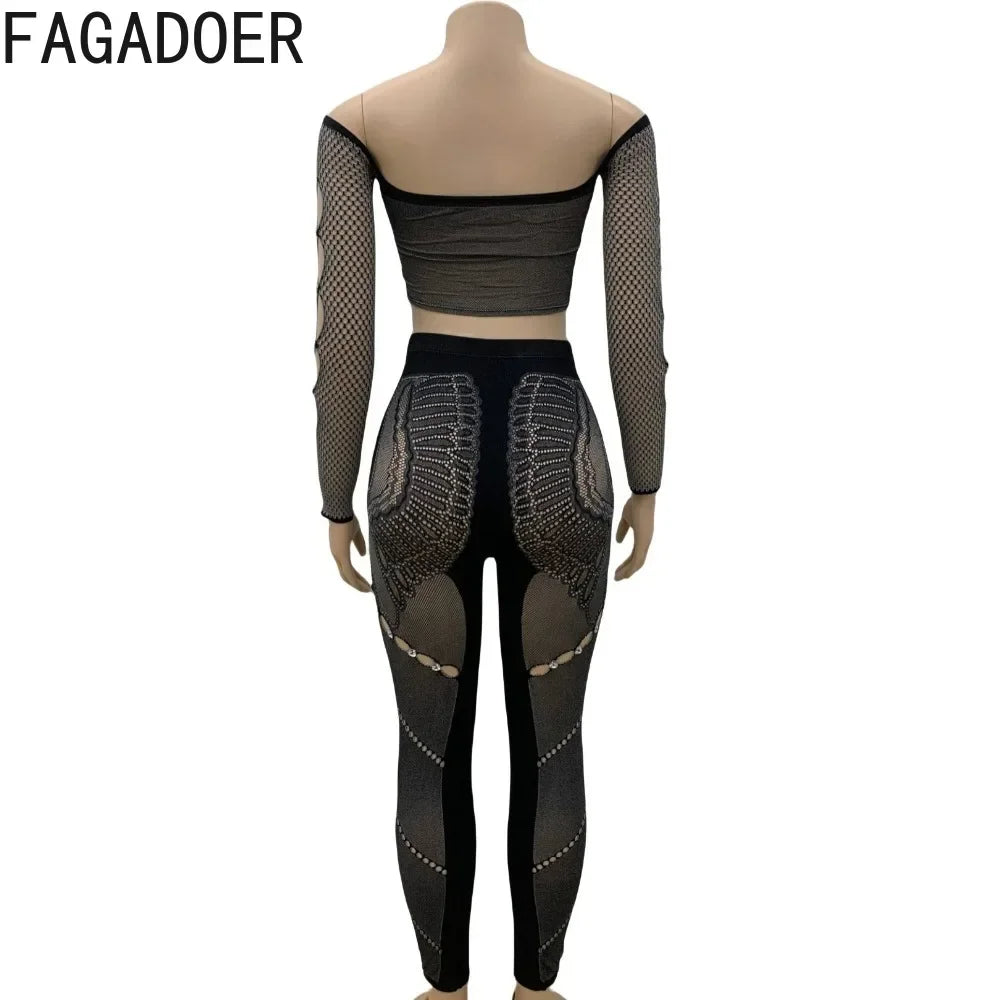 FAGADOER Thick Lace Sexy 2 Piece Set Outfit Women Off Shoulder Long