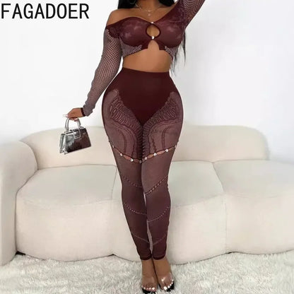 FAGADOER Thick Lace Sexy 2 Piece Set Outfit Women Off Shoulder Long