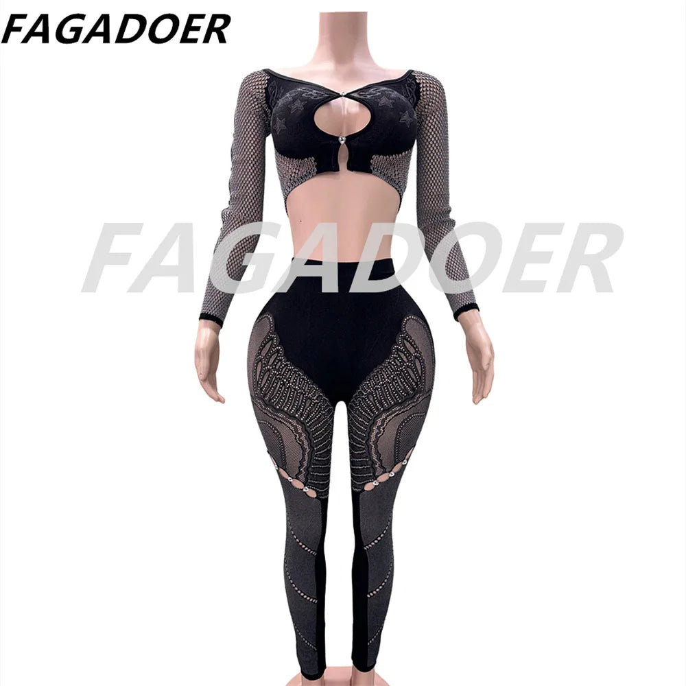 FAGADOER Thick Lace Sexy 2 Piece Set Outfit Women Off Shoulder Long