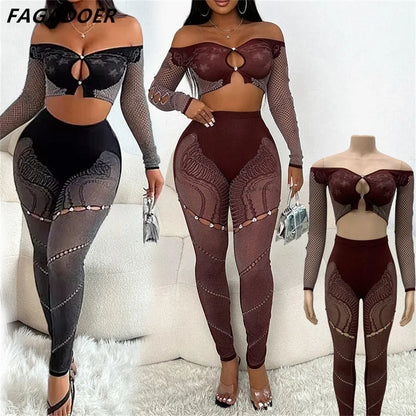 FAGADOER Thick Lace Sexy 2 Piece Set Outfit Women Off Shoulder Long