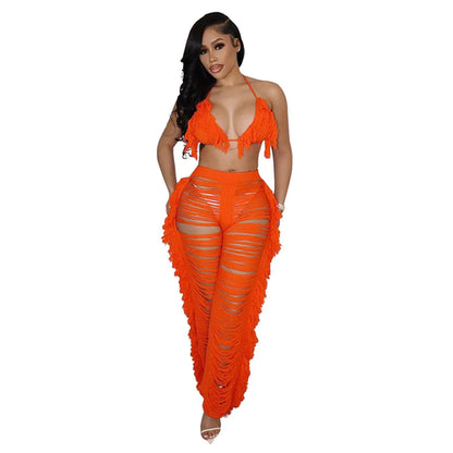 RT Sexy Women Crochet Set Two Pieces Set Halter Backless Top Pants