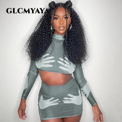 GLCMYAYA Sexy Women Hand 3d Printed Bodycon Midi Mini Skirt Dress Suit