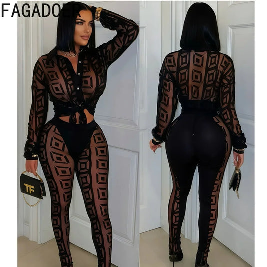 FAGADOER Sexy Mesh Women 2 Piece Set Outfit See Through Long Sleeves