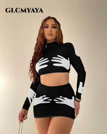 GLCMYAYA Sexy Women Hand 3d Printed Bodycon Midi Mini Skirt Dress Suit