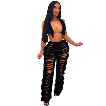 RT Sexy Women Crochet Set Two Pieces Set Halter Backless Top Pants