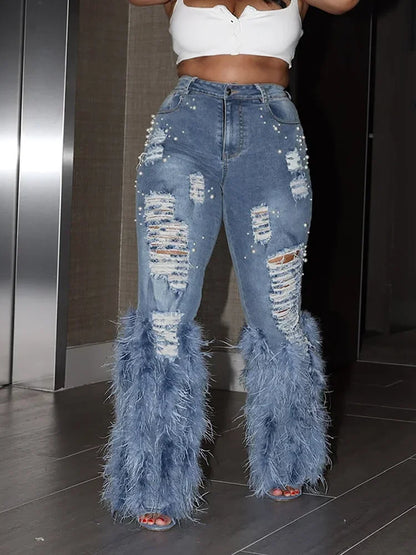 Fashion Women's Jeans Tassel Holes Vitnage Feather High Waist Y2K