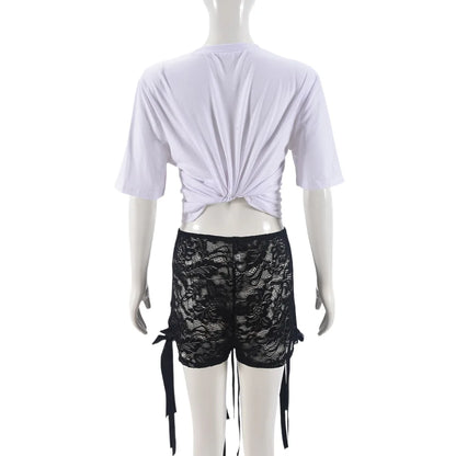 2 Piece Set Women Knotted Outfits Sexy Short Sleeve Ruched Tshirt