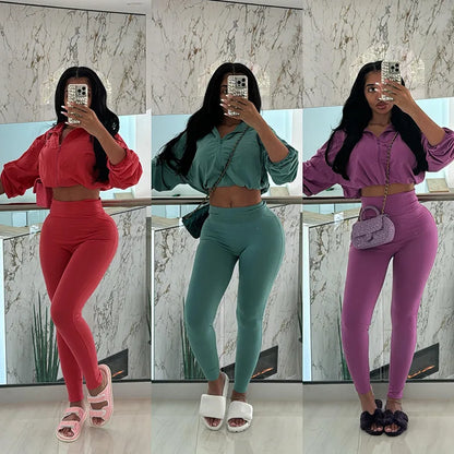 Crop Jackets Tops 2 Piece Pant Set Sexy Outfits Sportswear 2024 Women