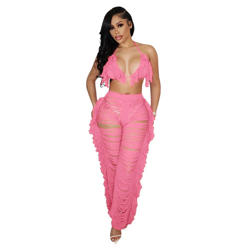 RT Sexy Women Crochet Set Two Pieces Set Halter Backless Top Pants