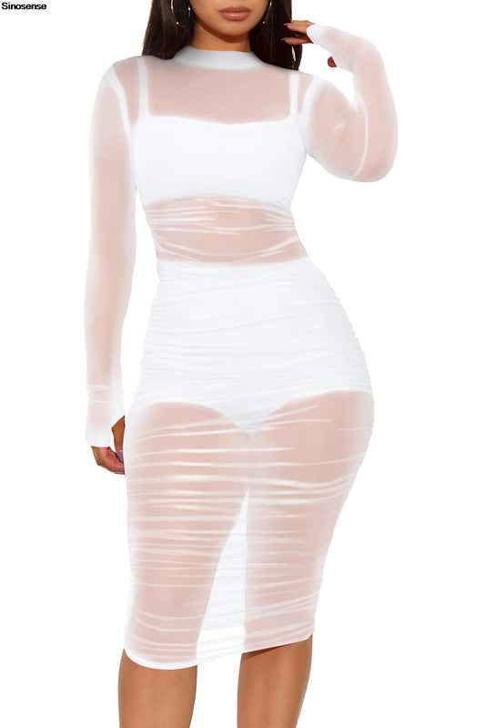 Women Mesh See Through 3 Piece Set Bodycon Ruched Cover Up Midi