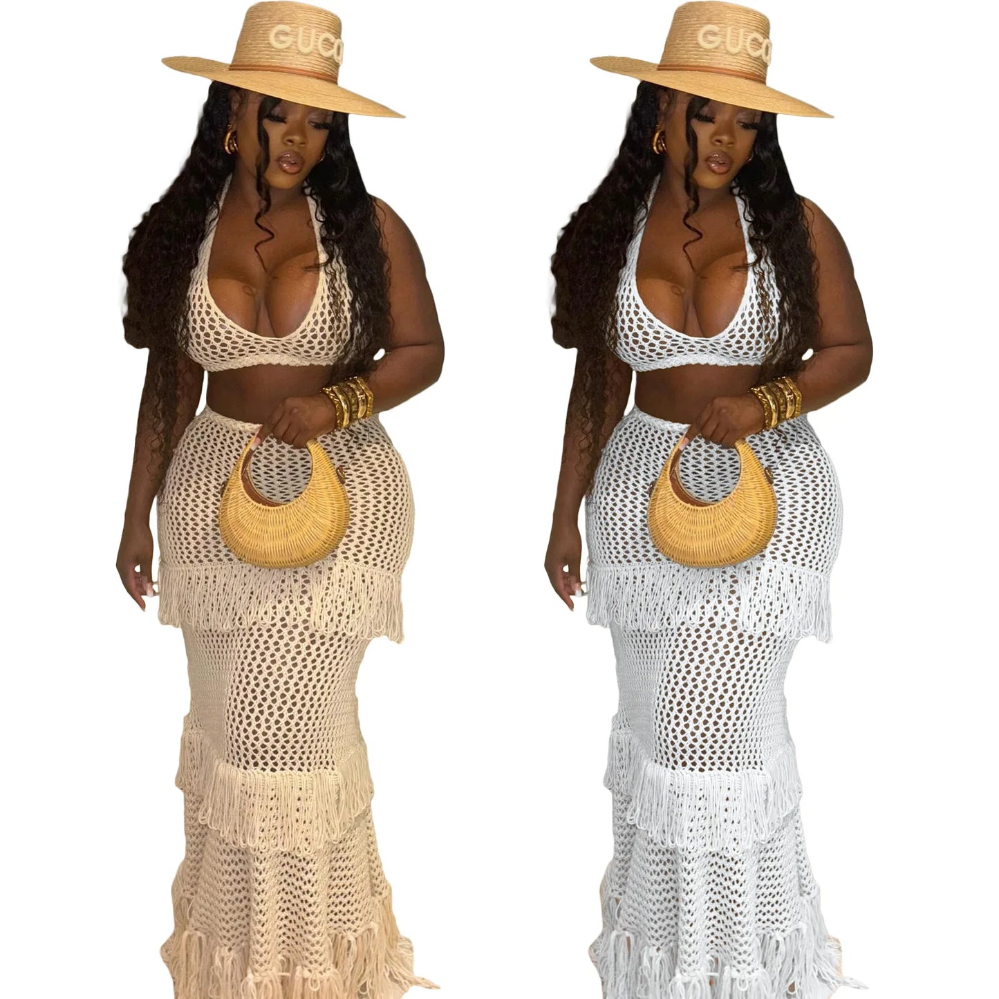 Knitted Crochet 2 Piece Skirt Sets Sexy Ruffle Elegant Fringe Tassel