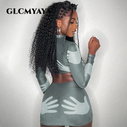 GLCMYAYA Sexy Women Hand 3d Printed Bodycon Midi Mini Skirt Dress Suit