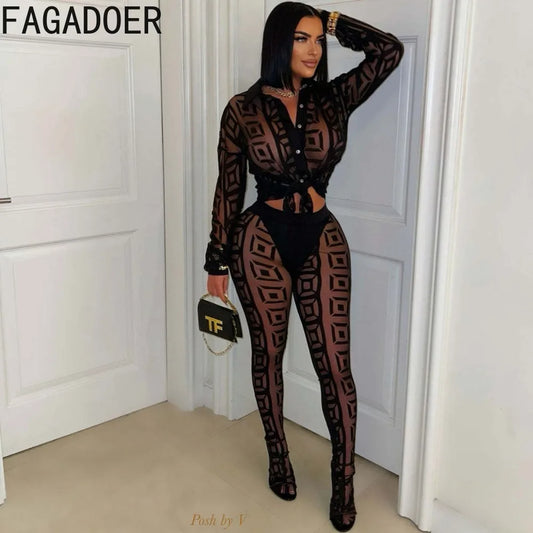 FAGADOER Sexy Mesh Women 2 Piece Set Outfit See Through Long Sleeves