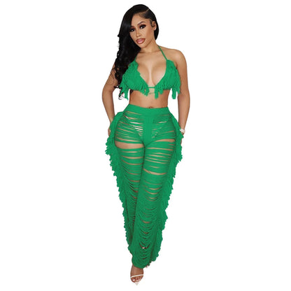 RT Sexy Women Crochet Set Two Pieces Set Halter Backless Top Pants