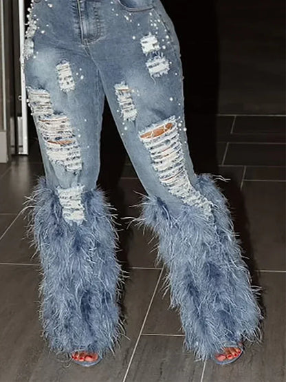 Fashion Women's Jeans Tassel Holes Vitnage Feather High Waist Y2K