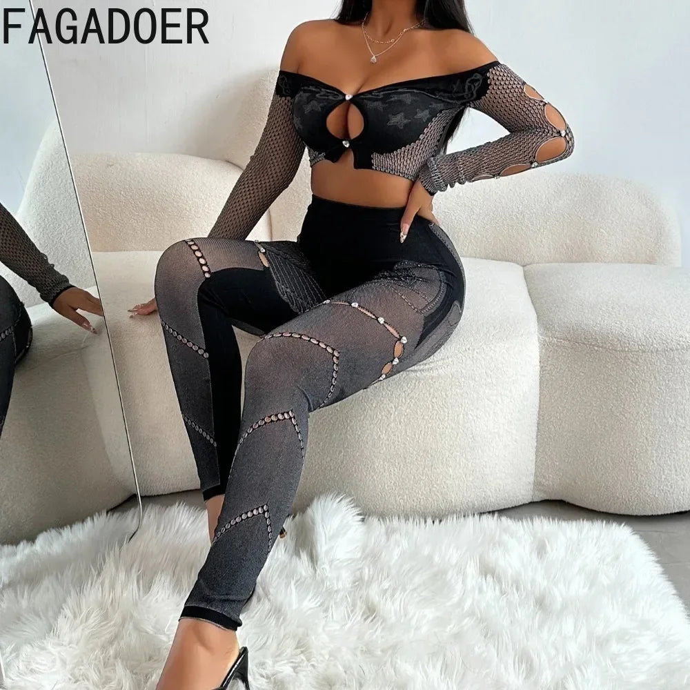 FAGADOER Thick Lace Sexy 2 Piece Set Outfit Women Off Shoulder Long