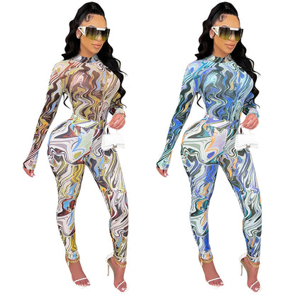 Sexy Mesh Sheer Print 2 Piece Sets Womens Outfits Long Sleeve Bodycon