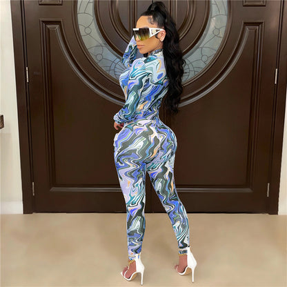 Sexy Mesh Sheer Print 2 Piece Sets Womens Outfits Long Sleeve Bodycon