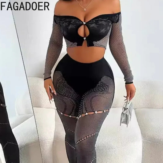 FAGADOER Thick Lace Sexy 2 Piece Set Outfit Women Off Shoulder Long